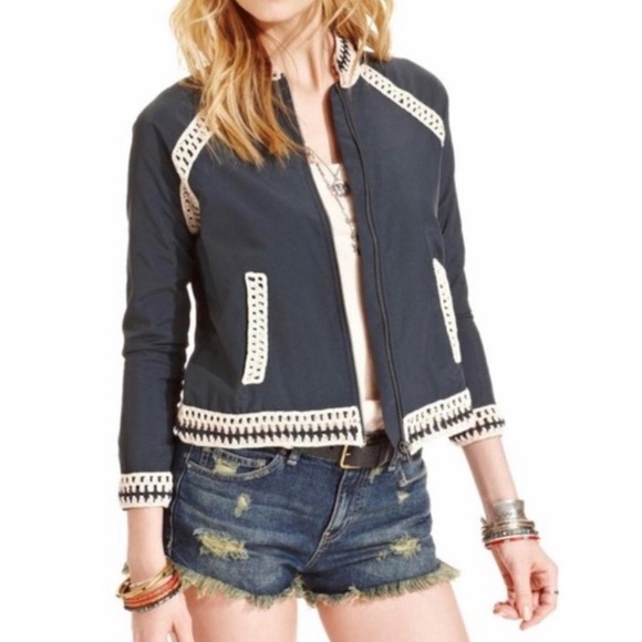 Free People Jackets & Blazers - Free People Crochet Inset Baseball Bomber Jacket